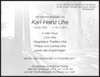 Traueranzeige von Karl-Heinz Uhe von Tageszeitung
