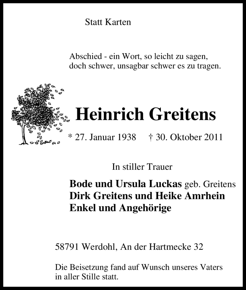  Traueranzeige für Heinrich Greitens vom 12.11.2011 aus Tageszeitung