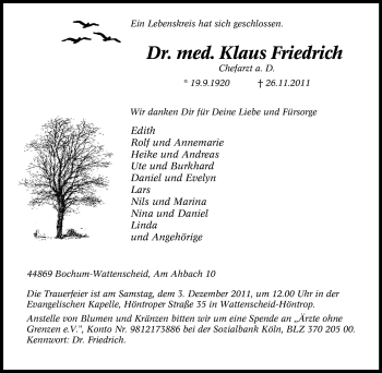 Traueranzeige von Klaus Friedrich von Tageszeitung