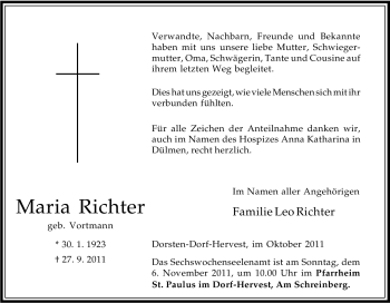 Traueranzeige von Maria Richter von Tageszeitung