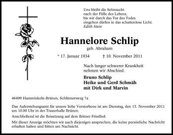 Traueranzeige von Hannelore Schlip von Tageszeitung