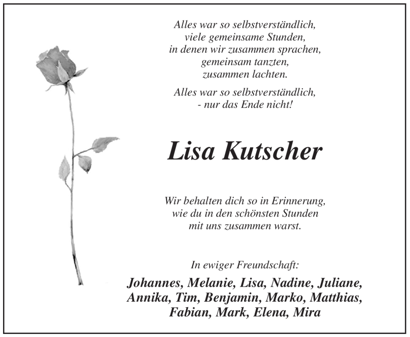  Traueranzeige für Lisa Kutscher vom 18.11.2011 aus Tageszeitung