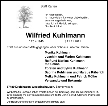 Traueranzeige von Wilfried Kuhlmann von Tageszeitung