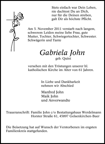 Traueranzeige von Gabriela John von Tageszeitung