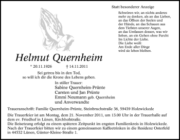 Traueranzeige von Helmut Quernheim von Tageszeitung