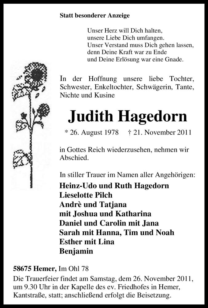  Traueranzeige für Judith Hagedorn vom 24.11.2011 aus Tageszeitung
