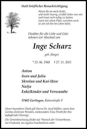 Traueranzeige von Inge Scharz von Tageszeitung