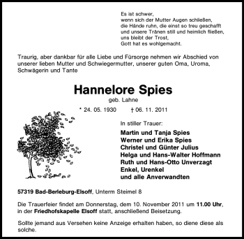 Traueranzeige von Hannelore Spies von Tageszeitung
