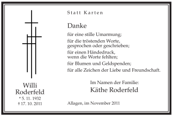 Traueranzeige von Willi Roderfeld von Tageszeitung