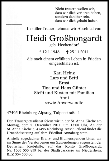 Traueranzeige von Heidi Großbongardt von Tageszeitung