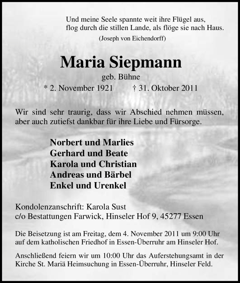  Traueranzeige für Maria Siepmann vom 03.11.2011 aus Tageszeitung