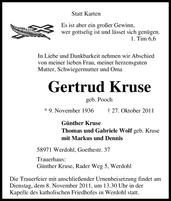 Traueranzeige von Gertrud Kruse von Tageszeitung