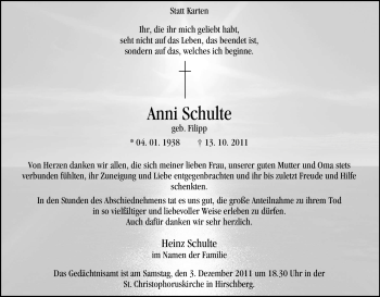 Traueranzeige von Anni Schulte von Tageszeitung