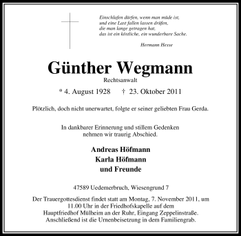Traueranzeige von Günther Wegmann von Tageszeitung