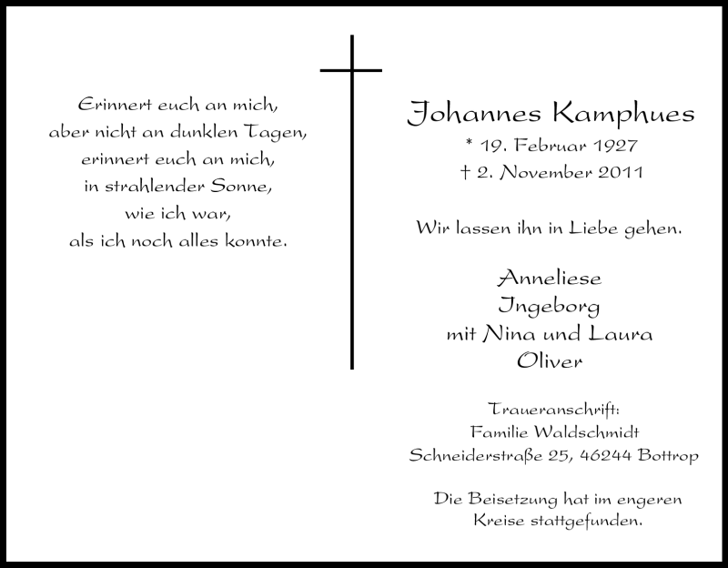 Traueranzeigen von Johannes Kamphues TrauerinNRW.de