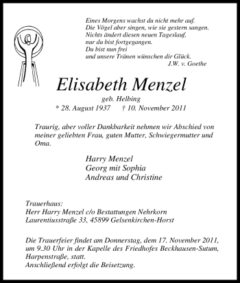 Traueranzeige von Elisabeth Menzel von Tageszeitung