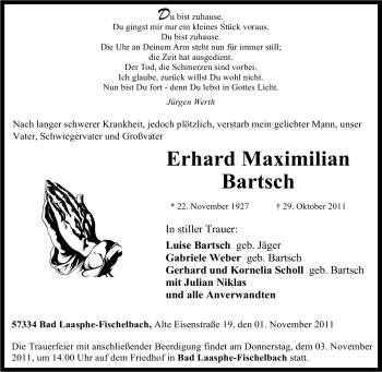 Traueranzeige von Erhard Maximilian Bartsch von Tageszeitung
