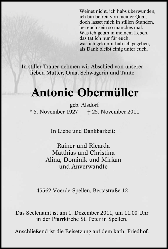  Traueranzeige für Antonie Obermüller vom 29.11.2011 aus Tageszeitung