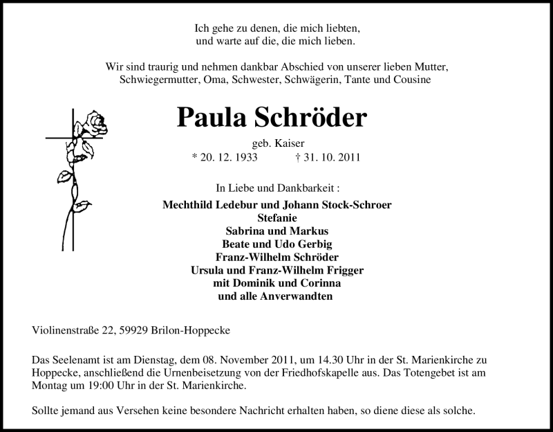  Traueranzeige für Paula Schröder vom 03.11.2011 aus Tageszeitung
