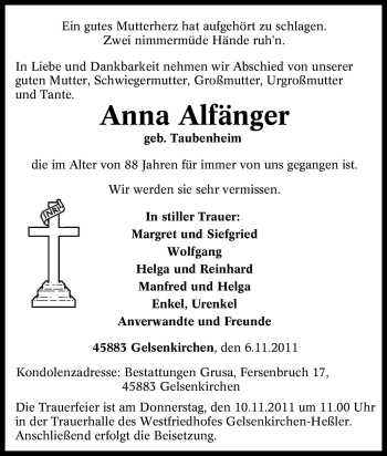 Traueranzeige von Anna Alfänger von Tageszeitung