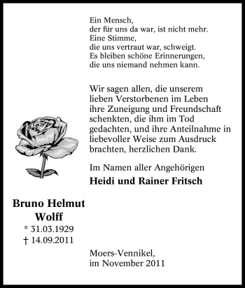 Traueranzeige von Bruno Helmut Wolff von Tageszeitung