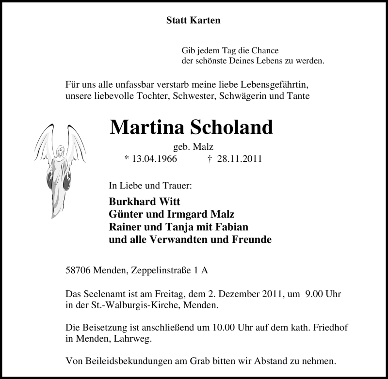  Traueranzeige für Martina Scholand vom 30.11.2011 aus Tageszeitung