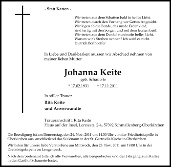 Traueranzeige von Johanna Keite von Tageszeitung