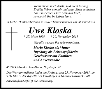 Traueranzeige von Uwe Kloska von Tageszeitung