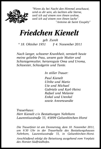 Traueranzeige von Friedchen Kienelt von Tageszeitung