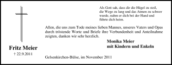 Traueranzeige von Fritz Meier von Tageszeitung