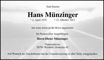 Traueranzeige von Hans Münzinger von Tageszeitung
