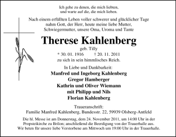 Traueranzeige von Therese Kahlenberg von Tageszeitung