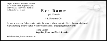 Traueranzeige von Eva Damm von Tageszeitung