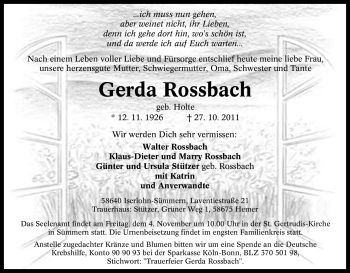 Traueranzeige von Gerda Rossbach von Tageszeitung