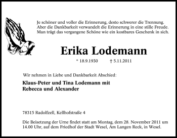 Traueranzeige von Erika Lodemann von Tageszeitung