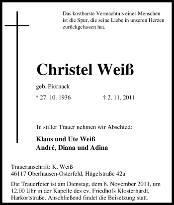 Traueranzeige von Christel Weiß von Tageszeitung