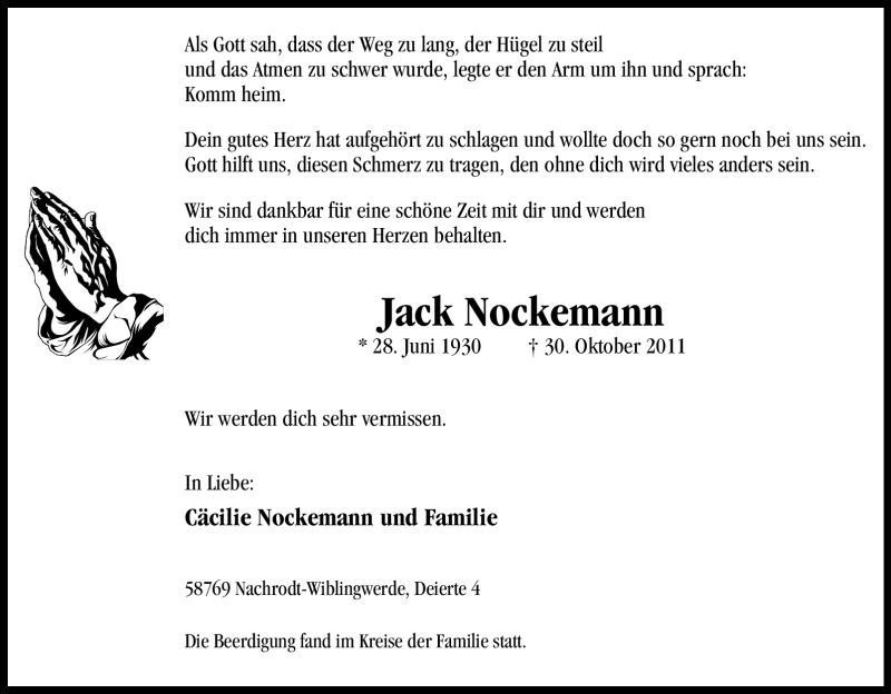  Traueranzeige für Jack Nockemann vom 03.11.2011 aus Tageszeitung