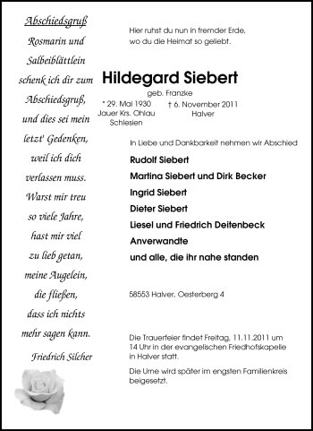 Traueranzeige von Hildegard Siebert von Tageszeitung