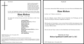 Traueranzeige von Hans Ricken von Tageszeitung