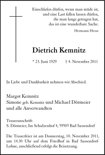 Traueranzeige von Dietrich Kemnitz von Tageszeitung