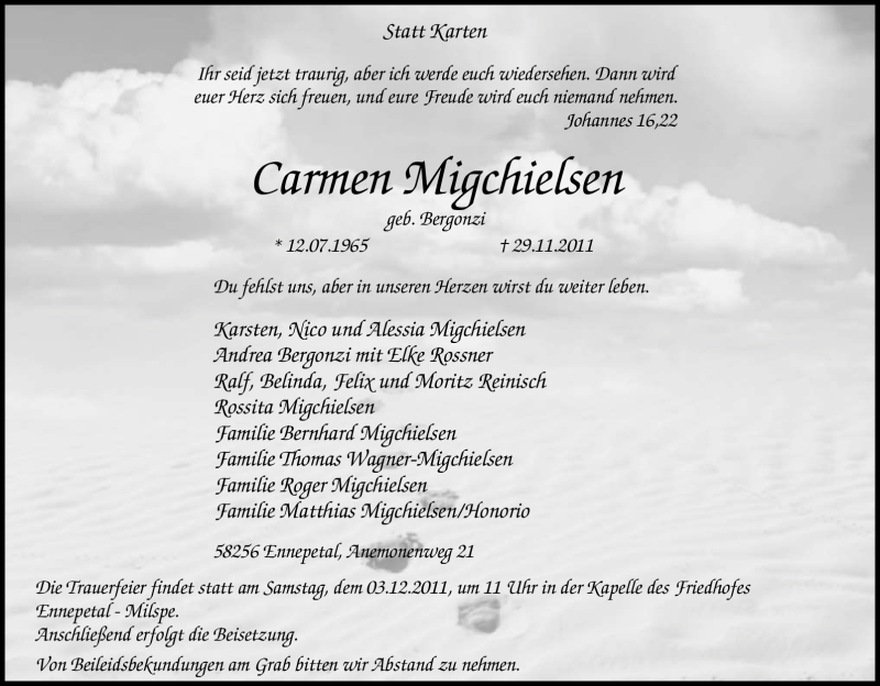  Traueranzeige für Carmen Migchielsen vom 30.11.2011 aus Tageszeitung