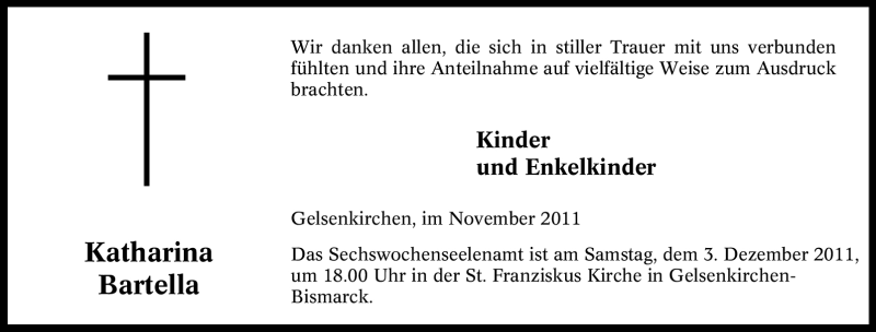 Traueranzeige für Katharina Bartella vom 26.11.2011 aus Tageszeitung