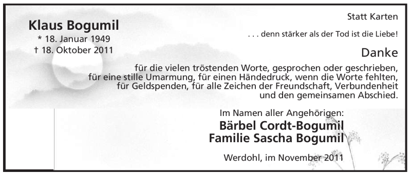  Traueranzeige für Klaus Bogumil vom 26.11.2011 aus Tageszeitung