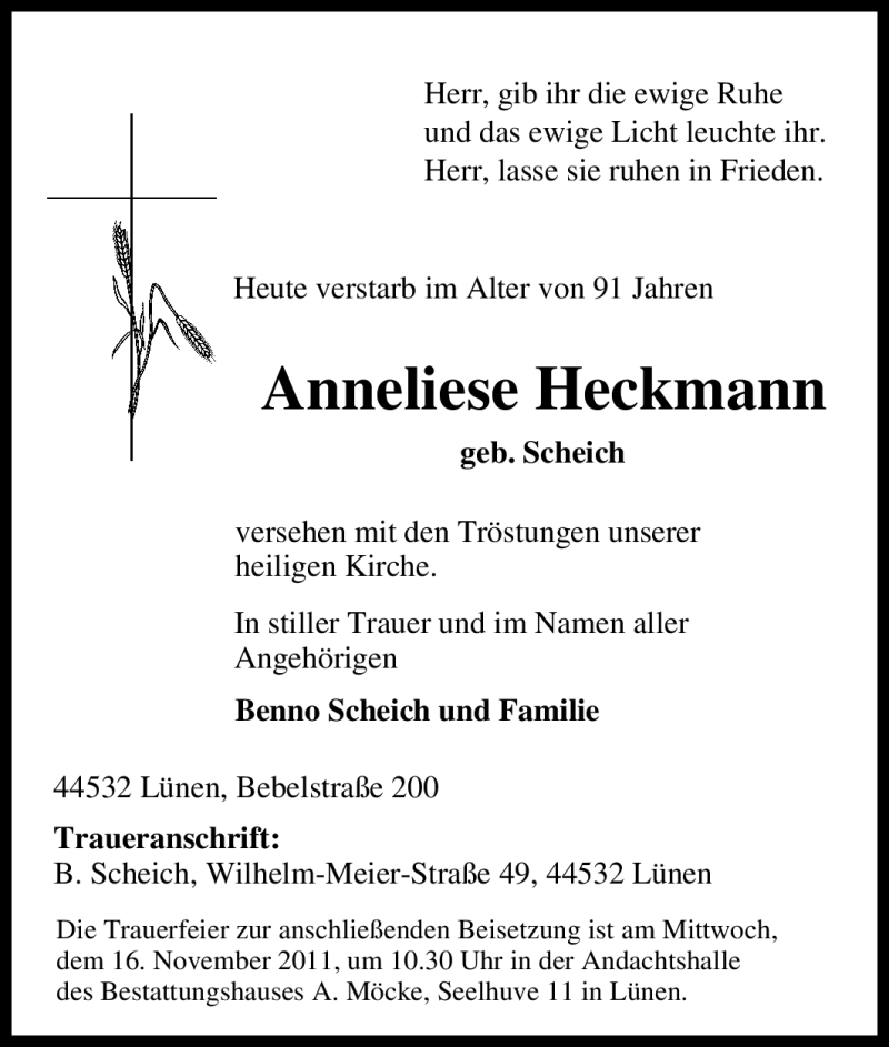  Traueranzeige für Anneliese Heckmann vom 12.11.2011 aus Tageszeitung