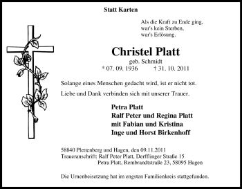 Traueranzeige von Christel Platt von Tageszeitung