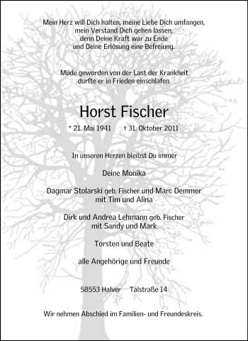 Traueranzeige von Horst Fischer von Tageszeitung