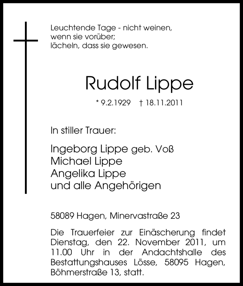 Traueranzeigen von Rudolf Lippe TrauerinNRW.de