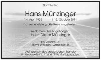 Traueranzeige von Hans Münzinger von Tageszeitung