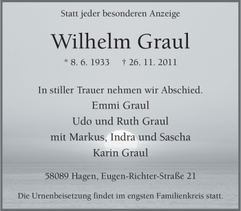 Traueranzeige von Wilhelm Graul von Tageszeitung