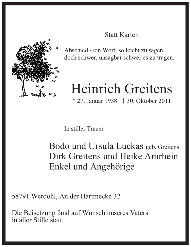  Traueranzeige für Heinrich Greitens vom 12.11.2011 aus Tageszeitung